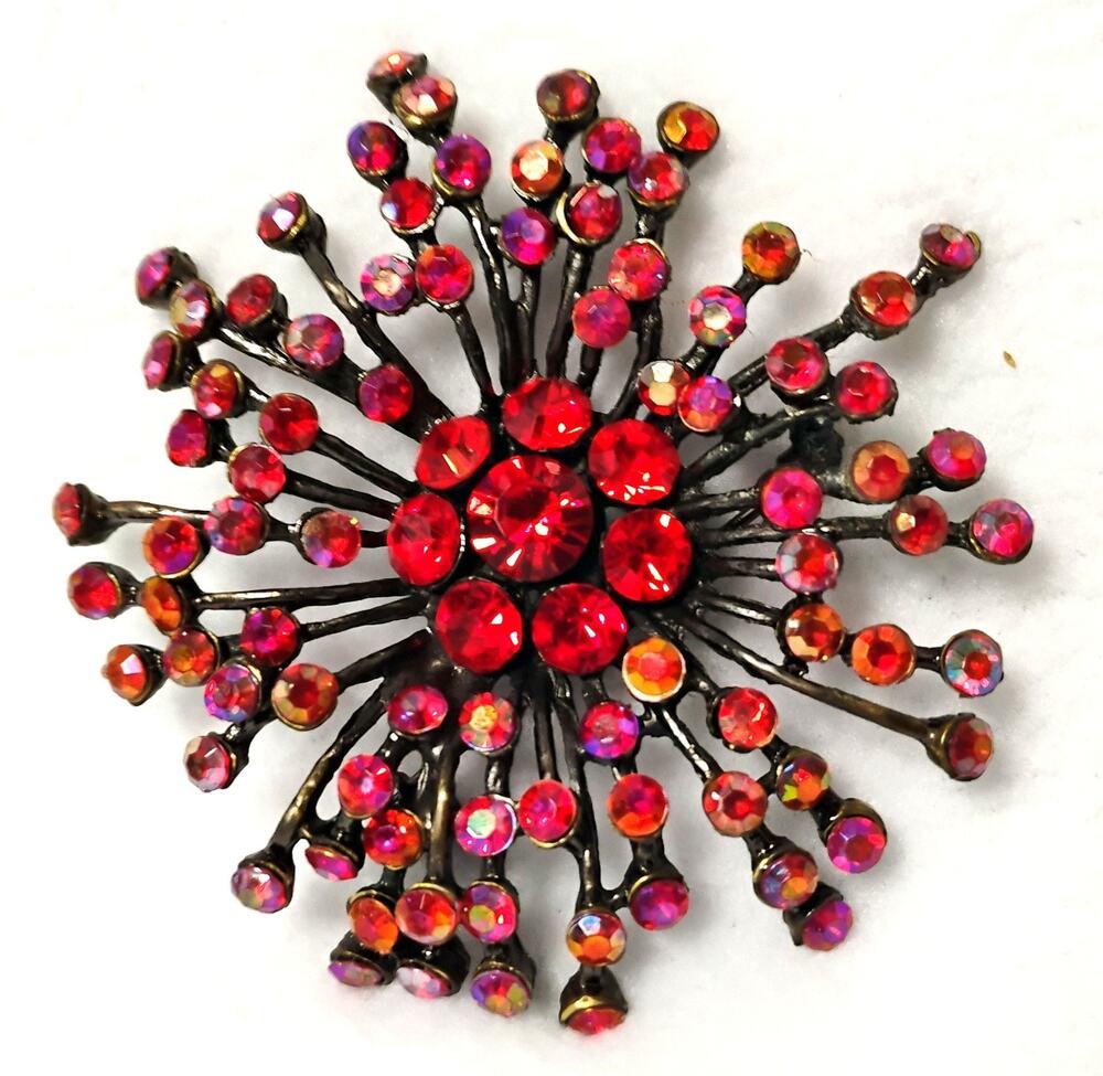 Red Aurora Borealis Rhinestone Starburst Brooch Pin Statement Retro MCM Style